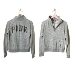 VS PINK quarter zip pullover sweatshirt knit gray rose gold dog logo XS‎